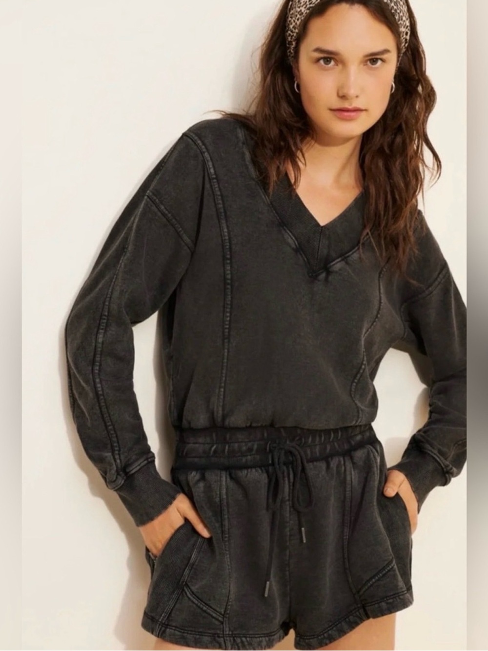Free People Black V-Neck Shorts Long-Sleeve Jumpsuit/Romper